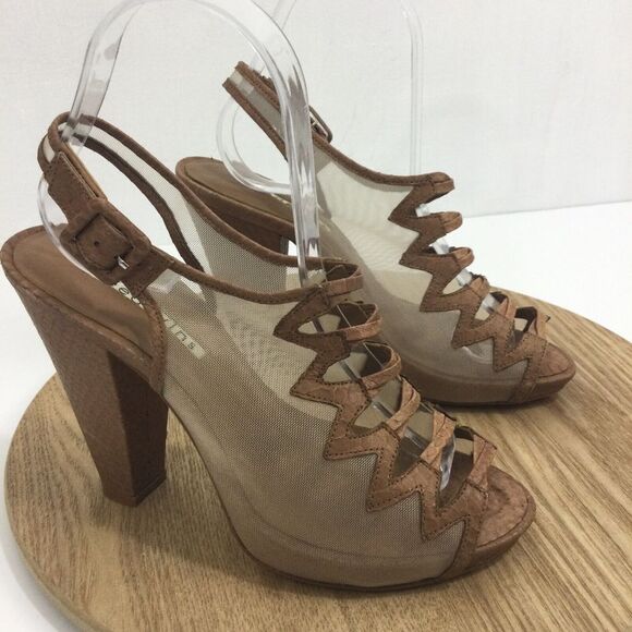 Reed Evins Anthropologie Women Mesh Leather Reptile Open Toe Heels Tan Ivory 7.5 - Picture 16 of 16